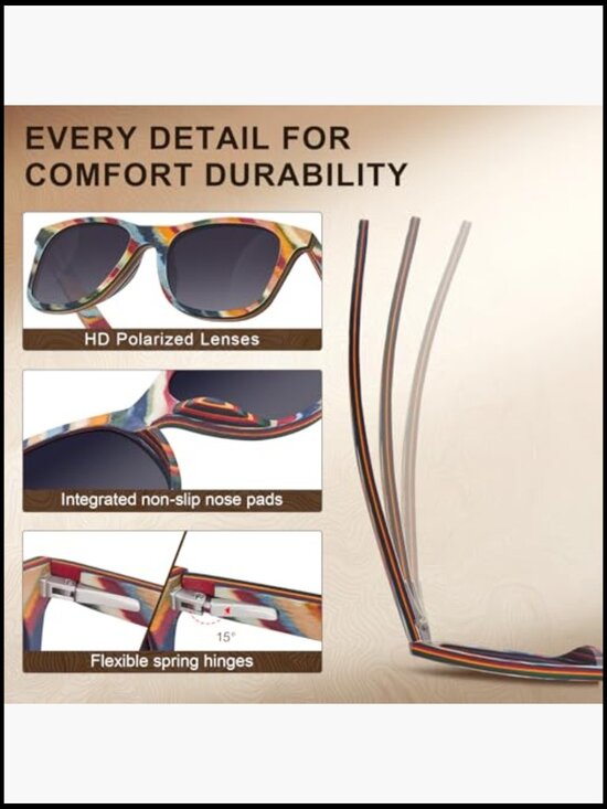 Natural Wood Frame Polarized Sunglasses with Spring Hinges main image 4